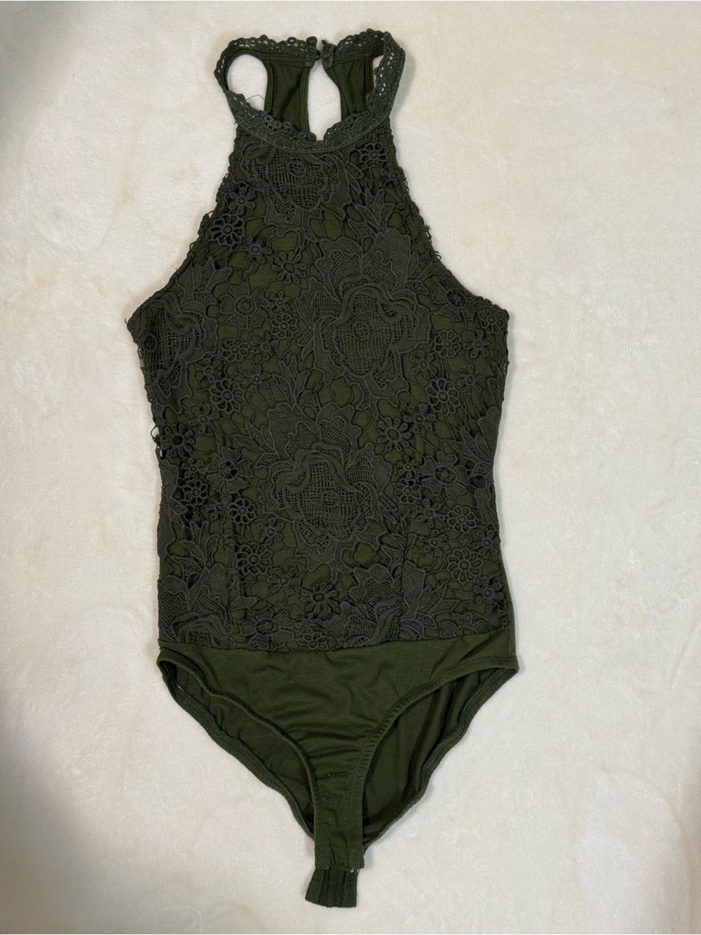 Charlotte Russe Olive Green Floral Lace High Neck Bodysuit S